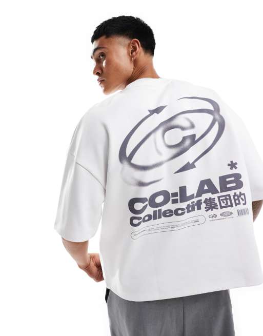 ASOS DESIGN - Hvid og oversized T-shirt med firkantet pasform og sænkede skuldre samt grafikprint på ryggen i kraftigt stof på 300 gsm