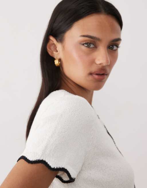 ASOS DESIGN - Hvid og sort cardigan i slub-garn med bølgekanter, 3 af 4