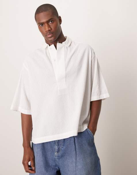 ASOS DESIGN - Hvid oversized overhead-skjorte medhalvlange ærmer i bæk-og-bølge-stof i firkantet pasform - view 1