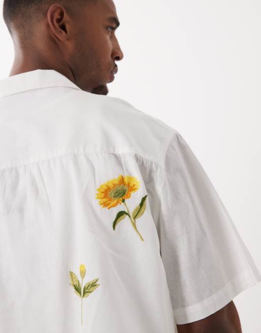 ASOS DESIGN - Hvid oversized skjorte med blomsterbroderier i hørblanding i firkantet pasform, 4 af 5