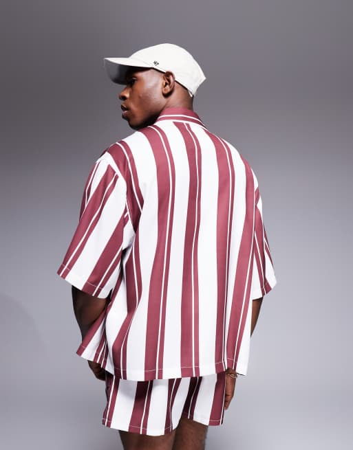 ASOS DESIGN - Hvid oversized skjorte med bordeaux striber i firkantet pasform - Del af sæt, 3 af 4