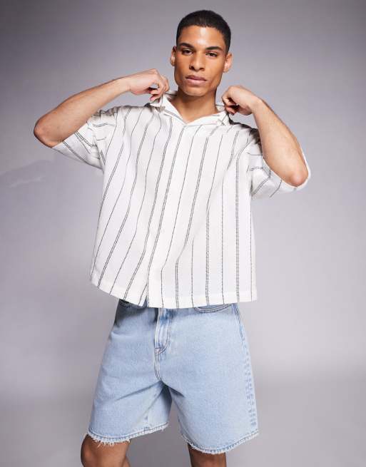 ASOS DESIGN - Hvid oversized skjorte med reverskrave, tekstur og grønne striber i firkantet pasform, 3 af 4