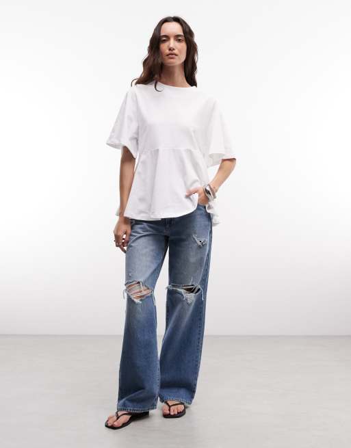 ASOS DESIGN - Hvid oversized T-shirt med overdrevne ærmer og peplum-kant, 2 af 4