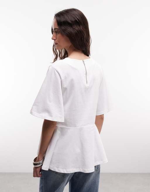 ASOS DESIGN - Hvid oversized T-shirt med overdrevne ærmer og peplum-kant, 3 af 4