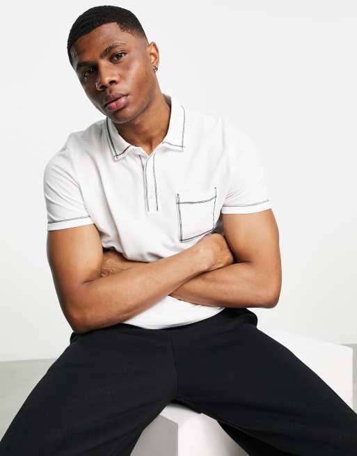 ASOS DESIGN - Hvid polo med sorte syninger og lommedetalje i piqué