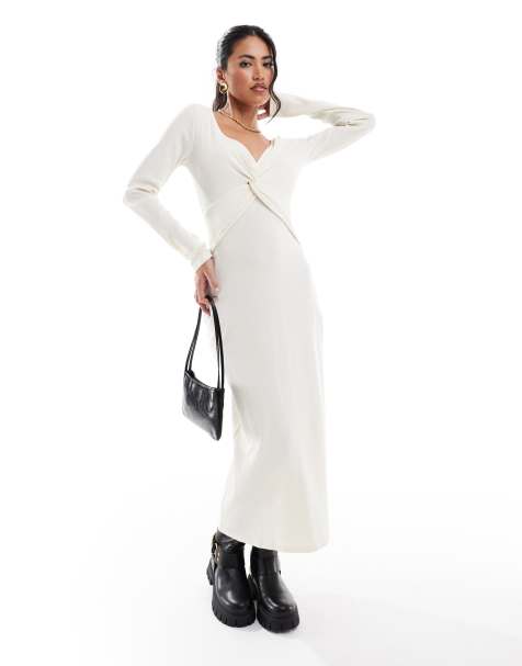 ASOS DESIGN - Hvid ribstrikket maxikjole med snoet front - view 1