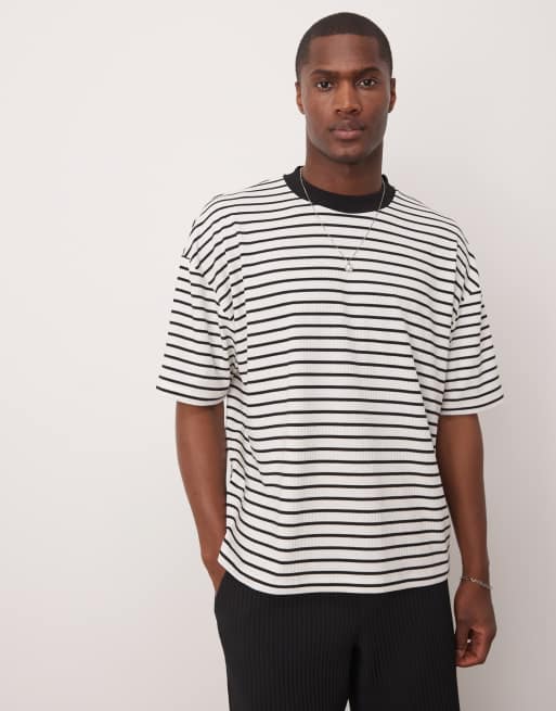 ASOS DESIGN - Hvid ribstrikket oversized T-shirt med sorte striber i firkantet pasform