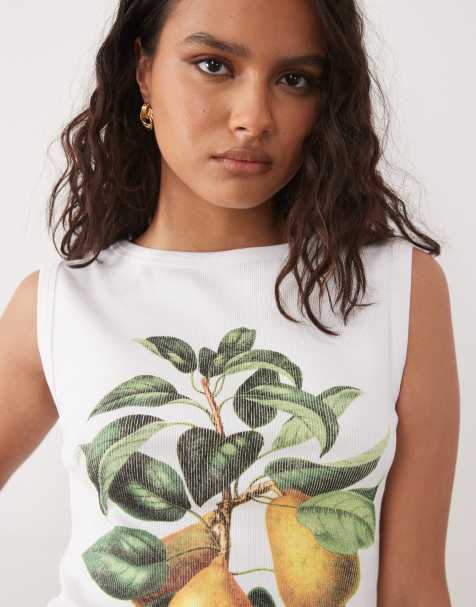 ASOS DESIGN - Hvid ribstrikket top med bred halsudskæring og frugtgrafik i vintage-stil - view 1