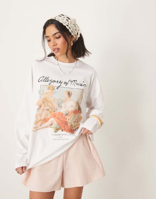 ASOS DESIGN - Hvid skater-T-shirt med lange ærmer licenseret National Gallery-print i kraftigt stof