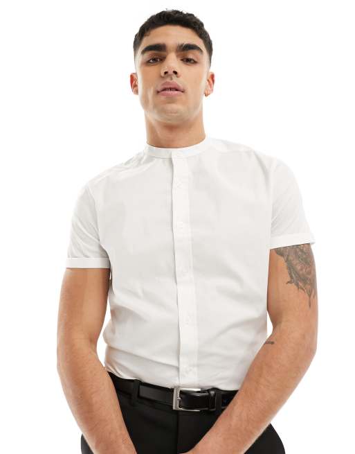 ASOS DESIGN - Hvid slim skjorte med grandad-krave og oprullede ærmer