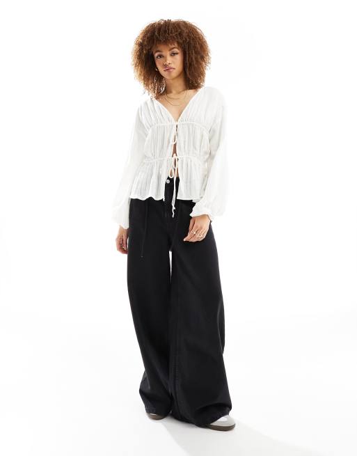 ASOS DESIGN - Hvid smock-top med bindebånd og lange ærmer, 4 af 4