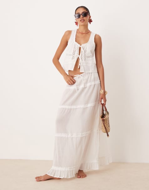 ASOS DESIGN - Hvid strand-maxinederdel med rynker og flæser - view 1