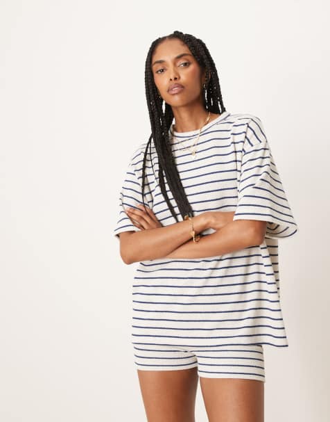 ASOS DESIGN - Hvid strikket oversized T-shirt med sorte striber - Del af sæt - view 1
