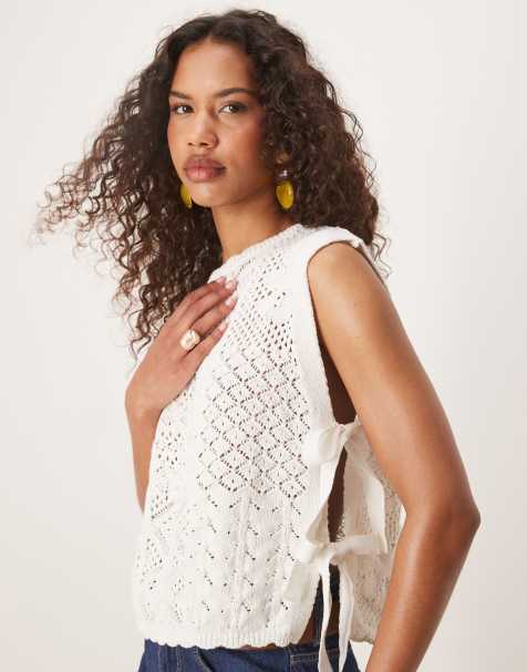 ASOS DESIGN - Hvid strikket T-shirt med patchwork-syninger og bindebånd i siden - view 1