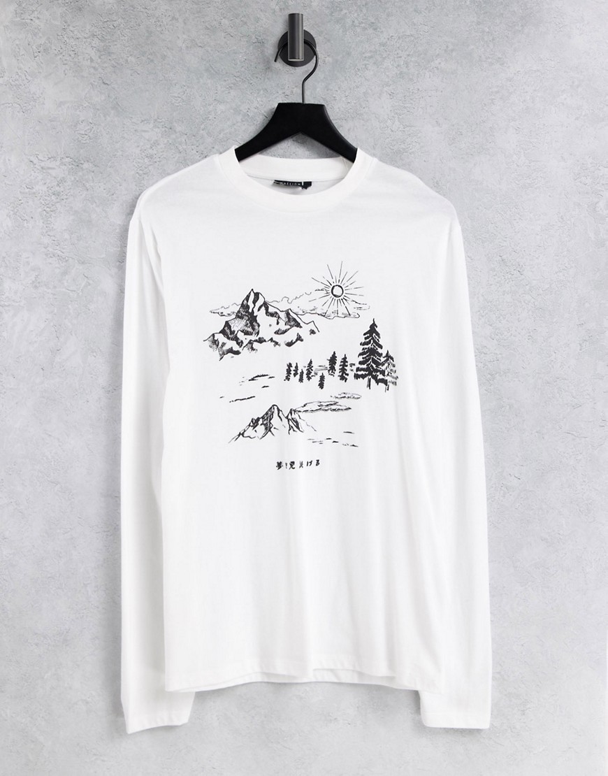 ASOS DESIGN - Hvid T-shirt med lange ærmer og skitseret bjergprint på ryggen i økologisk bomuld