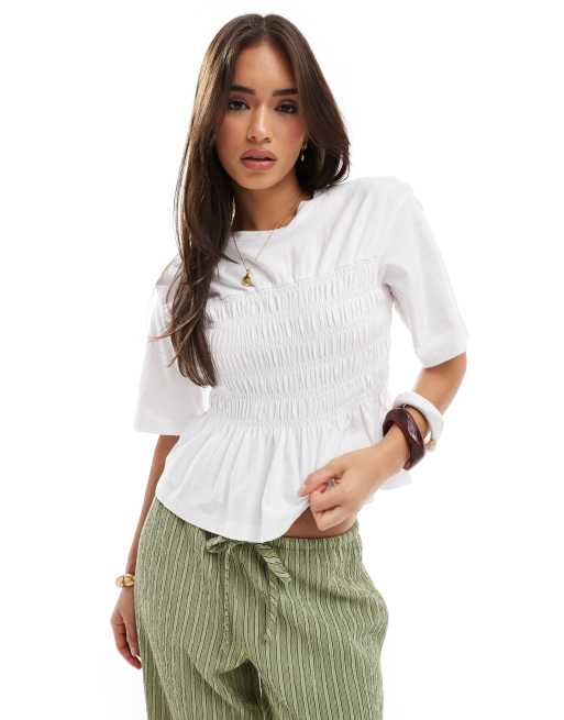 ASOS DESIGN - Hvid T-shirt med rynket talje