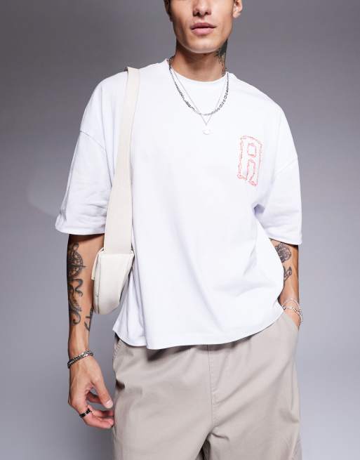 ASOS DESIGN - Hvid T-shirt med sænkede skuldre, korte ærmer og grafisk fiskeprint i firkantet pasform