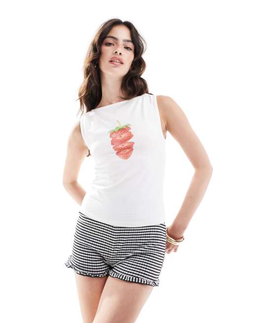 ASOS DESIGN - Hvid tanktop med lige hals og jordbærgrafik