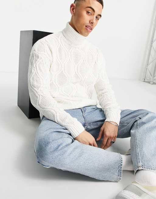 ASOS DESIGN - Hvid, tekstureret rullekravetrøje i kabelstrik