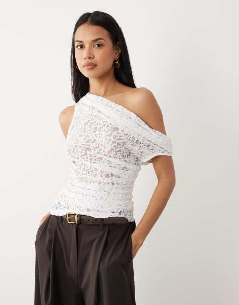 ASOS DESIGN - Hvid top i gennemsigtigt blondestof med rynker og asymmetrisk snit - view 1