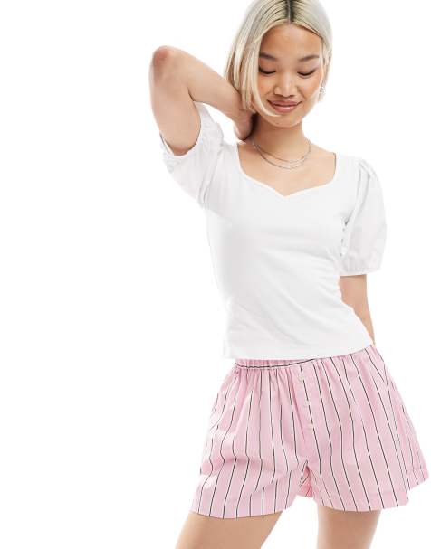 ASOS DESIGN - Hvid top i poplin-blanding med pufærmer og hjerteformet hals - view 1