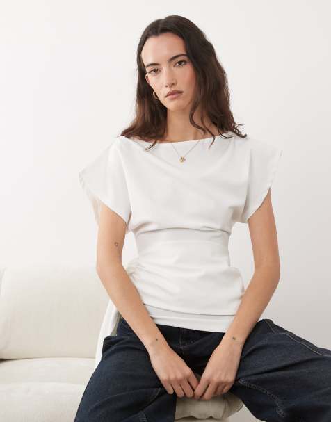 ASOS DESIGN - Hvid top med bred halsudskæring og slå-om-talje - view 1