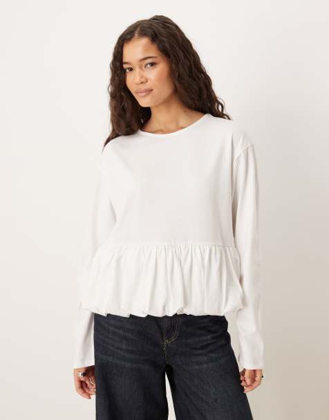 ASOS DESIGN - Hvid top med lange ærmer og peplum-kant med bobletekstur - view 1
