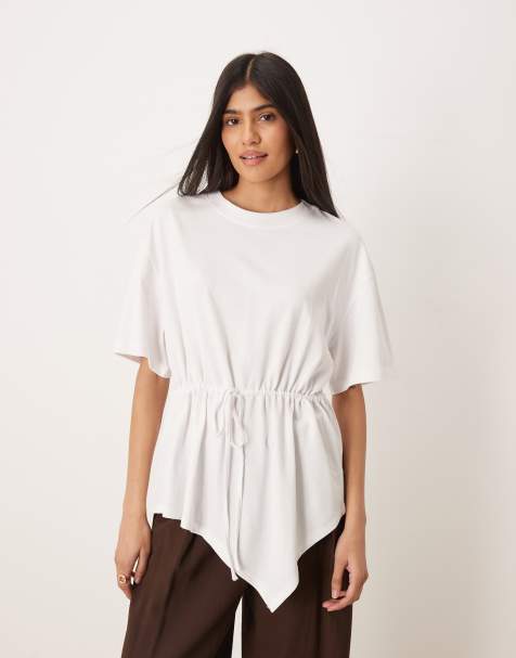 ASOS DESIGN - Hvid top med løbesnorsdetalje i taljen og asymmetrisk sømkant - view 1