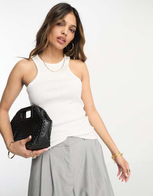 ASOS DESIGN - Hvid top med racerhals i fin ribstrik