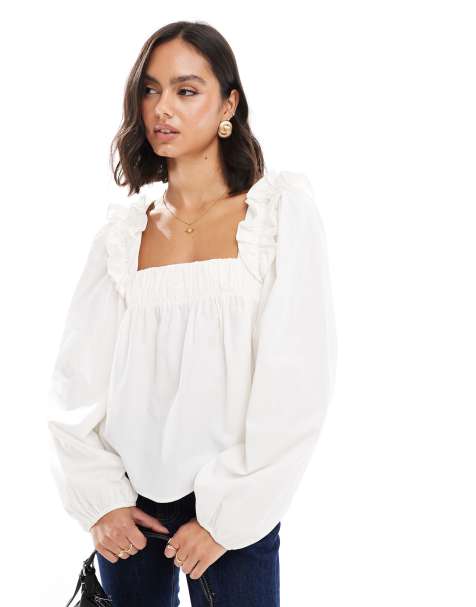 ASOS DESIGN - Hvid trapez-bluse med flæseskuldre i poplin - view 1