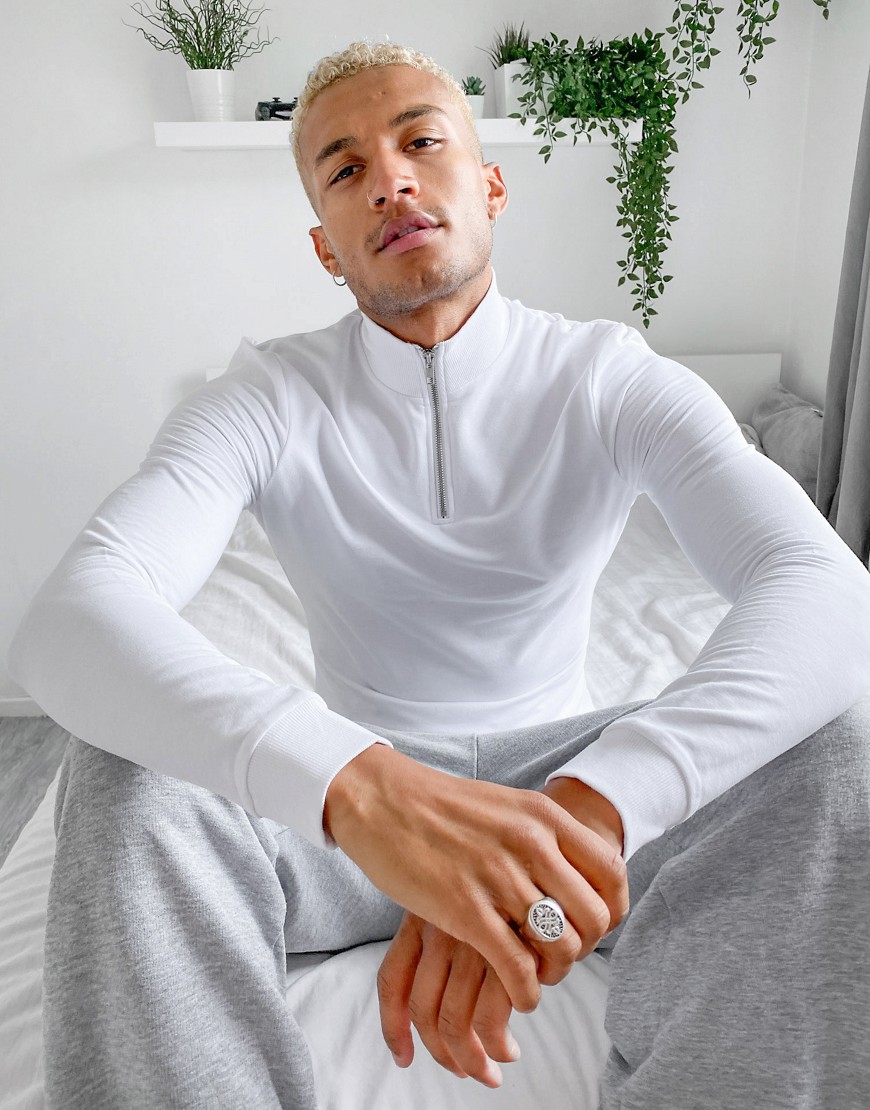 ASOS DESIGN - Hvid tætsiddende økologisk sweatshirt med kort lynlås