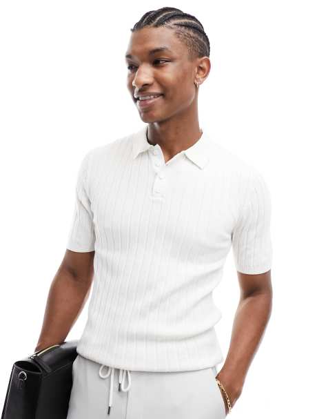 ASOS DESIGN - Hvid tætsiddende polo-t-shirt i ribstrik - view 1