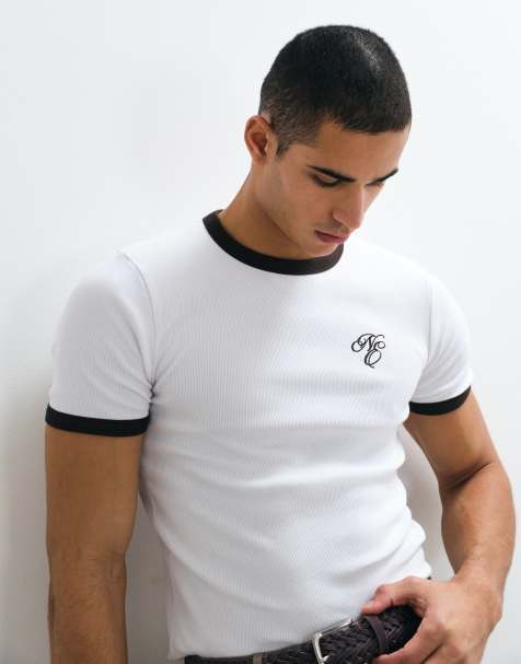ASOS DESIGN - Hvid tætsiddende ringer-T-shirt med grafik på brystet i ribstrikket stof - view 1