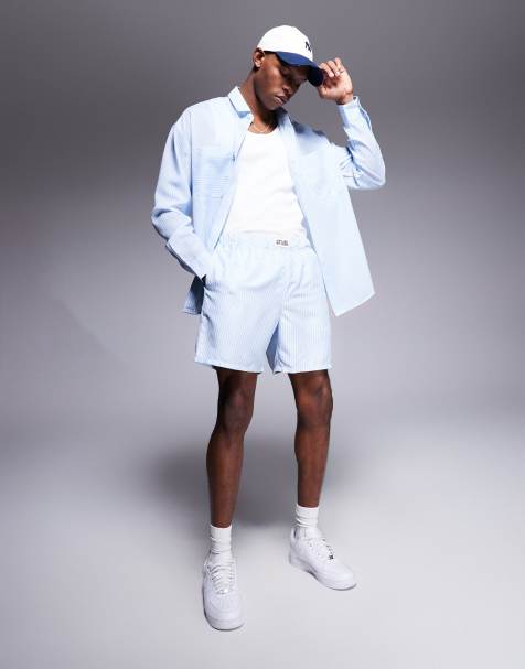 ASOS DESIGN - Hvide- og blåstribede og mellemlange badeshorts med mærkedetaljer - Del af sæt - view 1