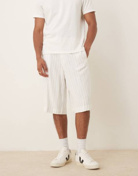 ASOS DESIGN - Hvide oversized bermuda-habitshorts med nålestriber i hørblanding - view 1