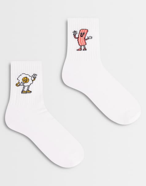 ASOS DESIGN - Hvide sokker med bacon- og ægbroderi i pakke med 2 par - view 1