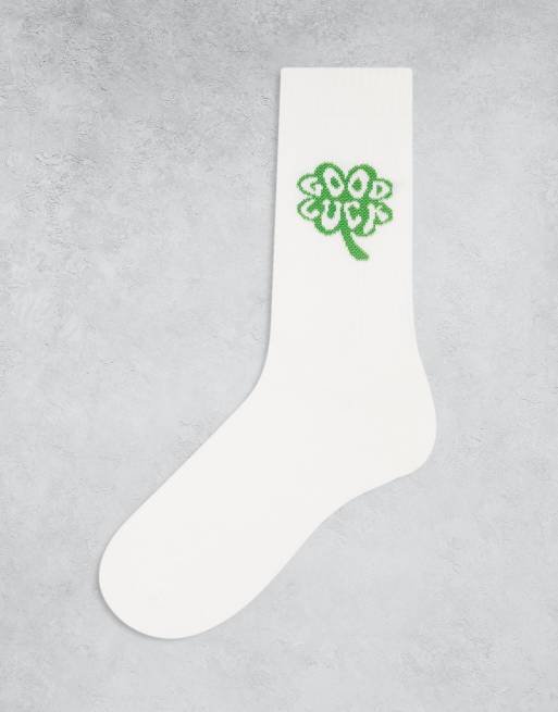ASOS DESIGN - Hvide sokker med broderet firkløver