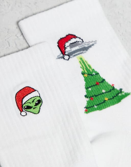 ASOS DESIGN - Hvide sokker med jul- og alien-motiv i pakke med 2 par, 2 af 3