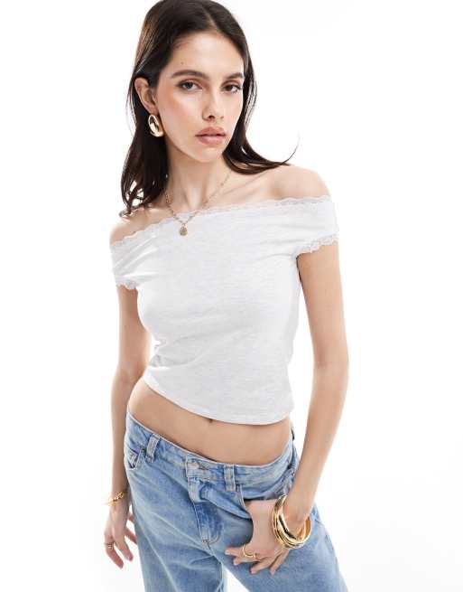 ASOS DESIGN - Hvidmeleret bardot-top med blondekant