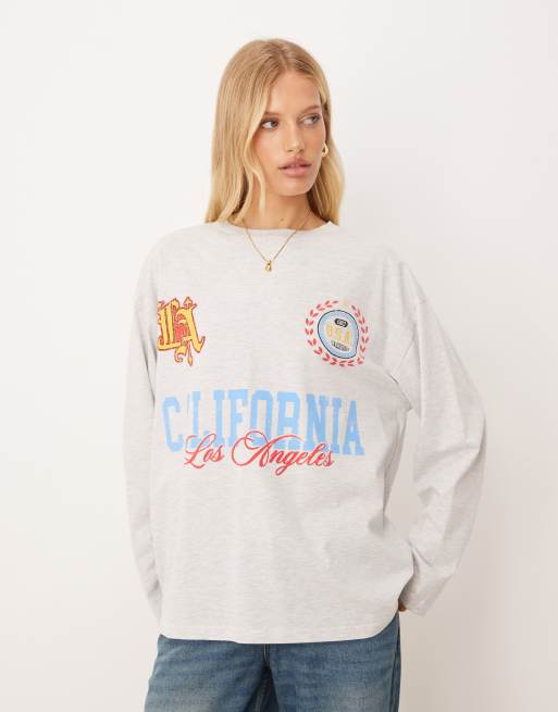 ASOS DESIGN - Hvidmeleret skater-T-shirt med lange ærmer og 'California'-sportsgrafik