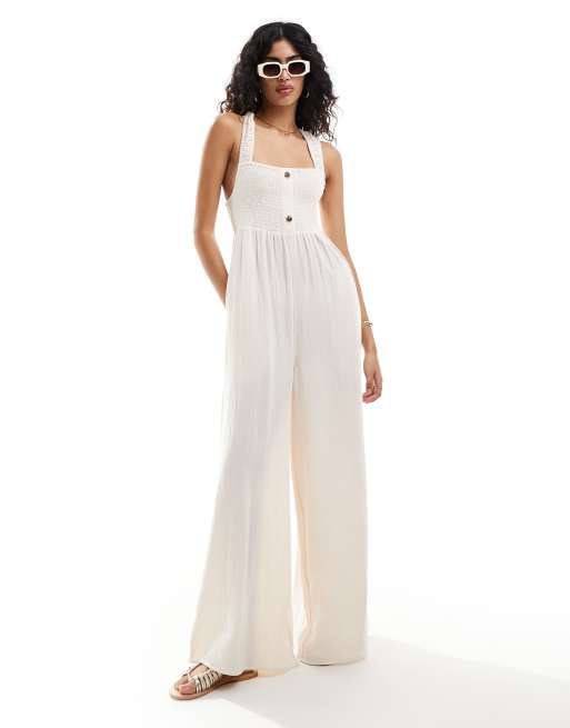 ASOS DESIGN - Hvidt jumpsuit med rynket overdel og elastiske stropper