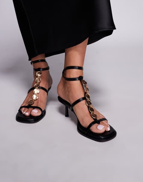 ASOS DESIGN Hyacinth gold trim detail mid heeled sandals in black - view 1