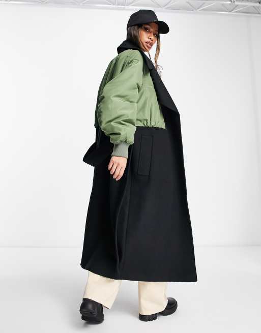 ASOS DESIGN hybrid bomber sleeve formal coat in black and khaki