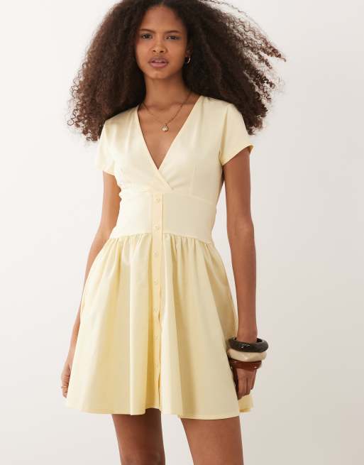 ASOS DESIGN hybrid button front mini dress with poplin skirt in buttermilk yellow, 2 of 4