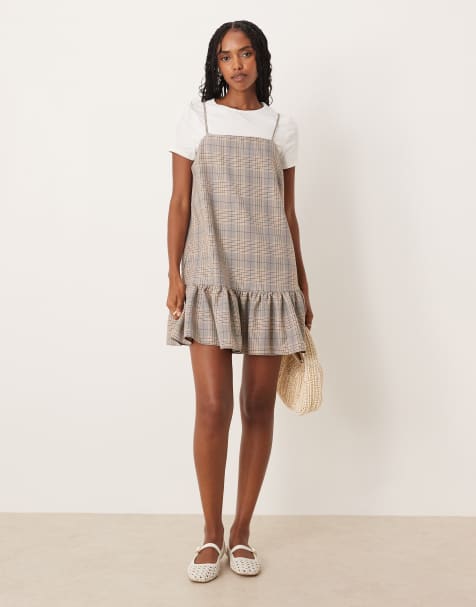 ASOS DESIGN hybrid cami mini dress with contrast t-shirt in neutral check - view 1