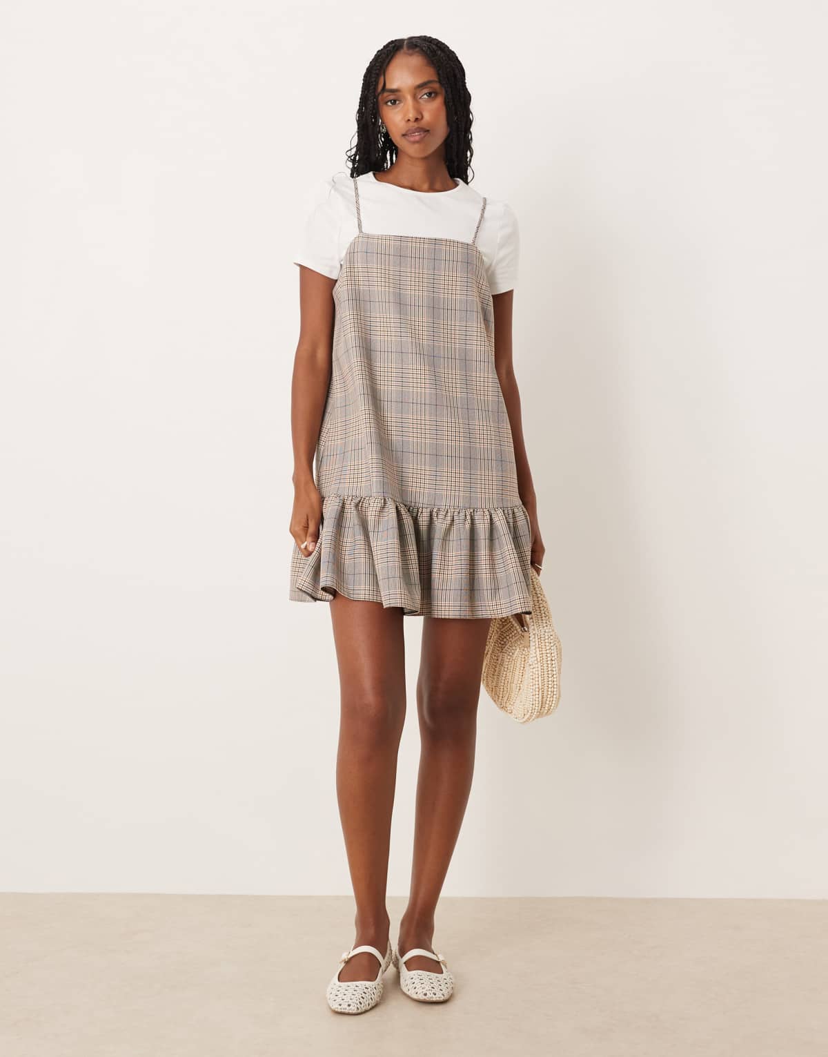 ASOS DESIGN hybrid cami mini dress with contrast t-shirt in neutral check