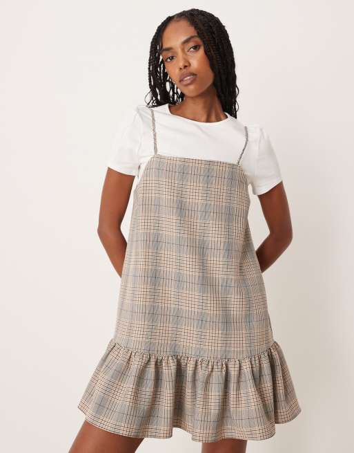 ASOS DESIGN hybrid cami mini dress with contrast t-shirt in neutral check, 4 of 4