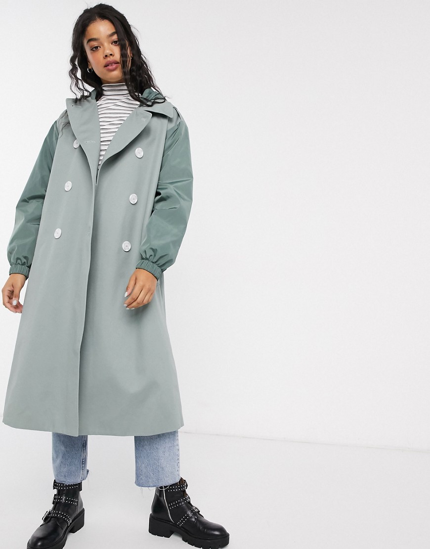 Asos Design Hybrid Contrast Stitch Trench Coat In Sage-neutral