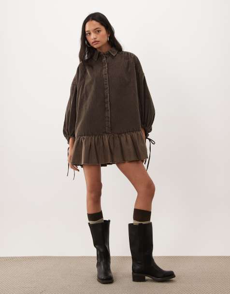 ASOS DESIGN Hybrid-Cord-Hemdkleid in Mini-Länge mit Ballonärmeln und Voile-Saum in gewaschenem Schokobraun - view 1