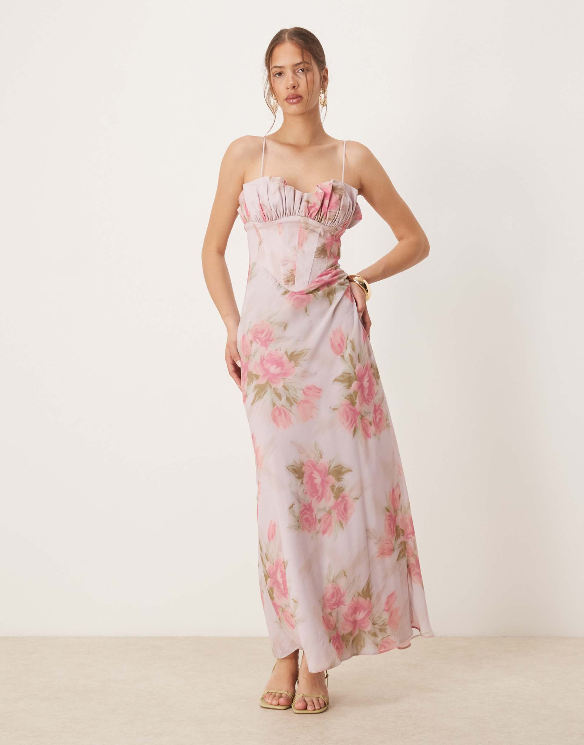 asos design hybrid corset bias midi dress in pink floral